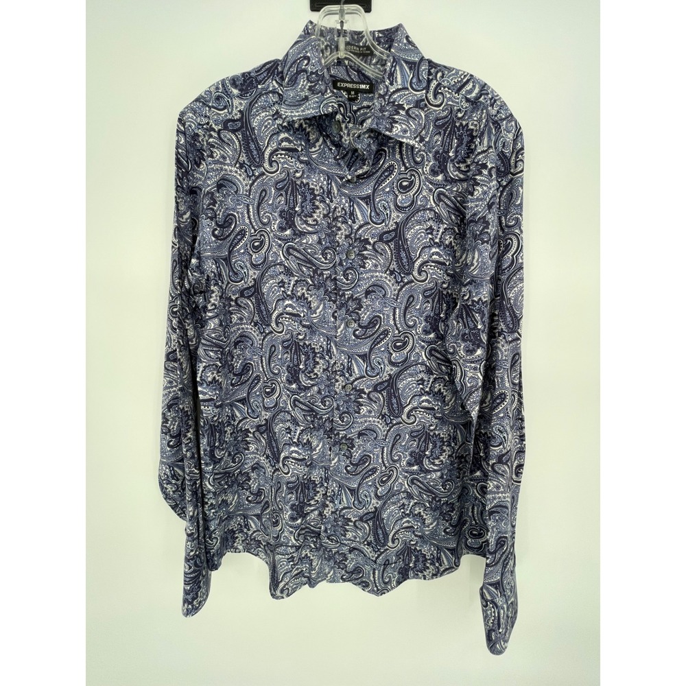 Express 1MX Modern Fit Shirt Mens Medium Blue Purple Paisley Stretch Cotton L/S